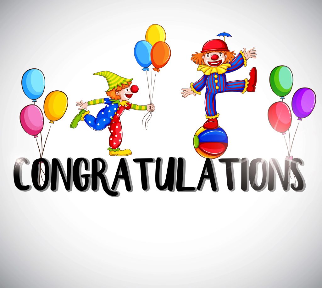 Two happy clowns celebrate with colorful balloons and balancing on ball above congratulations text Wallpaper