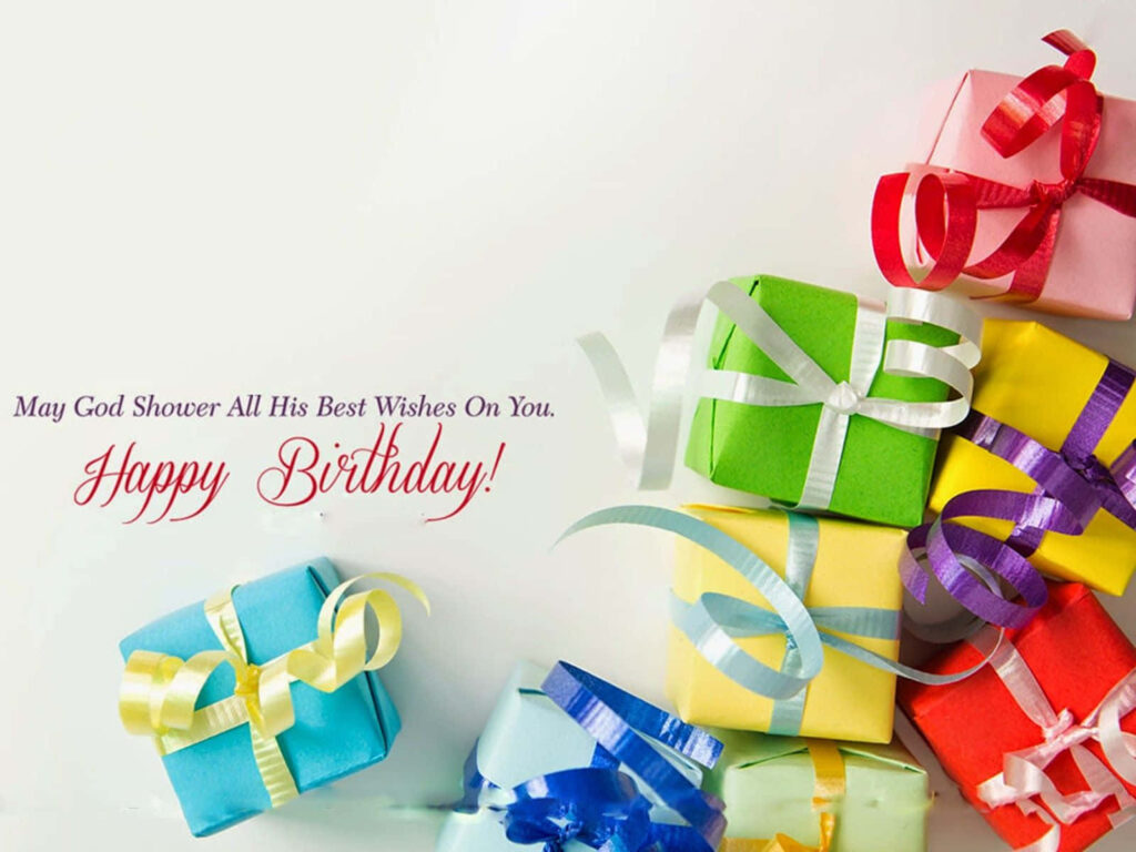 Colorful ribbon wrapped birthday gifts with heartfelt wish on white background wallpaper