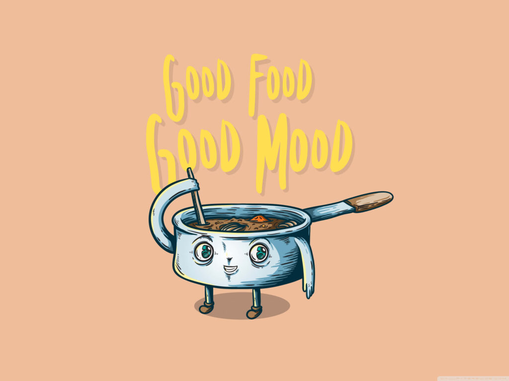 Cheerful Cooking Pot Wallpaper: Good Food Good Mood Design
