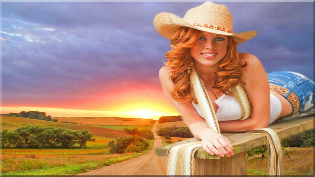 Cheerful cowgirl in denim and straw hat lounges on bench during golden sunset over rural fields Wallpaper