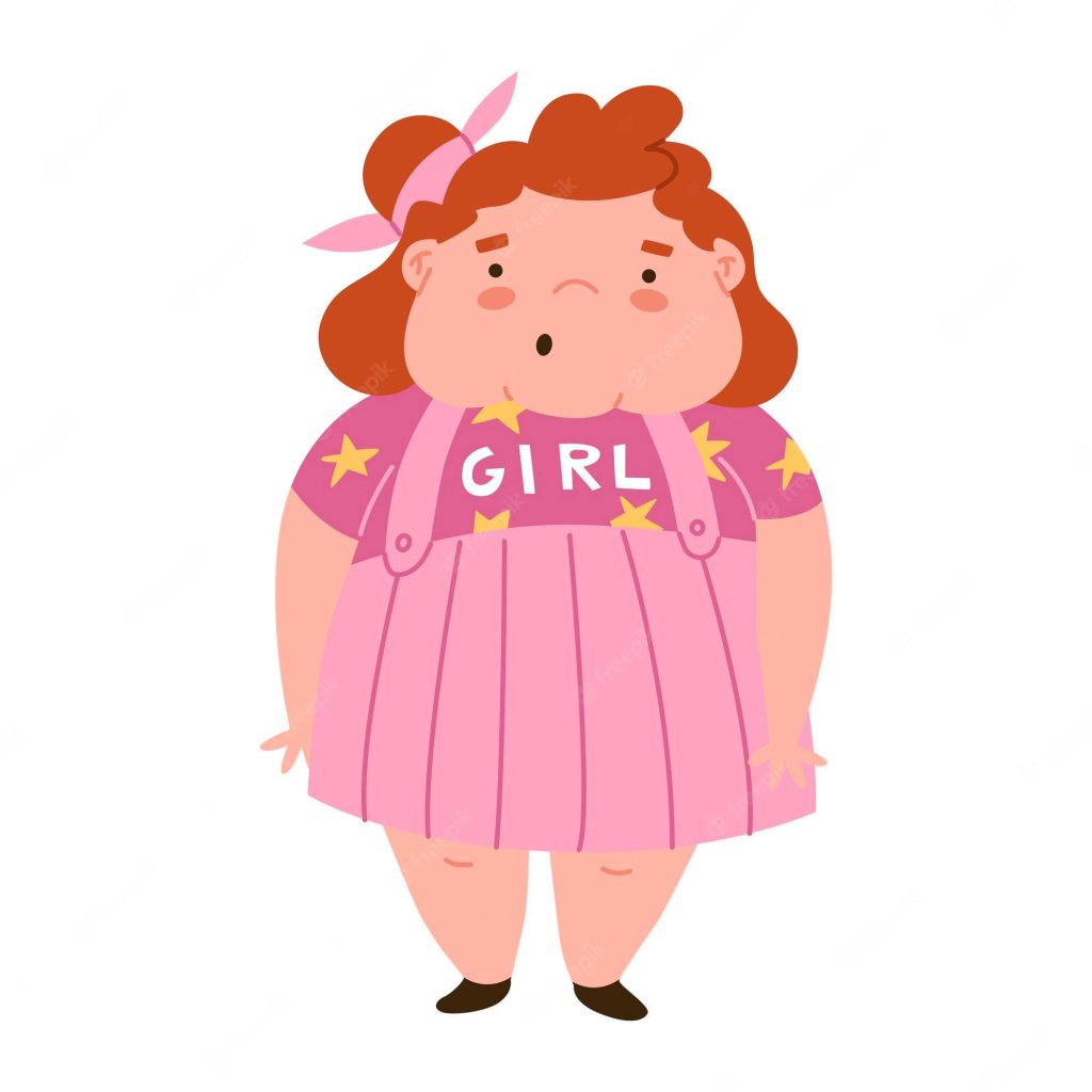 Cute chubby girl cartoon with reddish hair pink bow vibrant pink dress yellow stars wallpaper