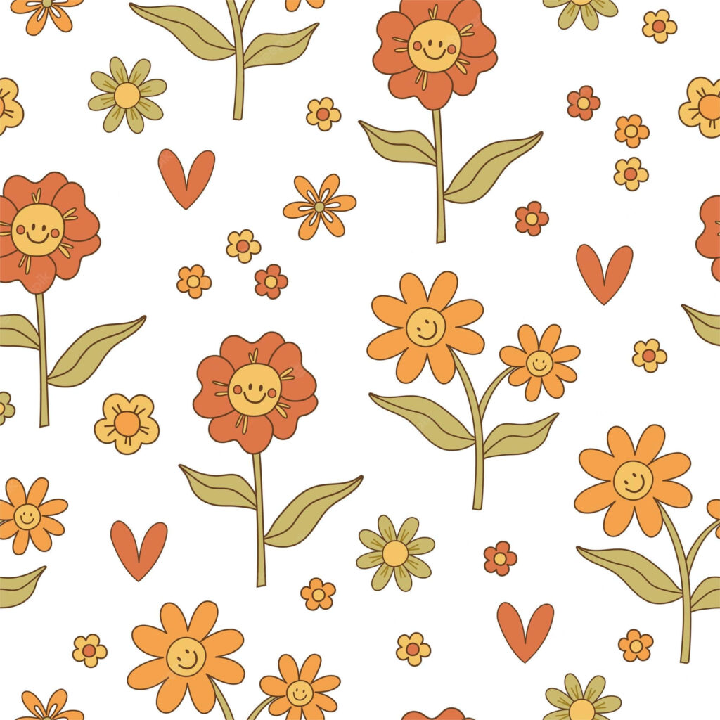 Cheerful Flower Wallpaper with Smiley Faces & Hearts in Orange & Yellow