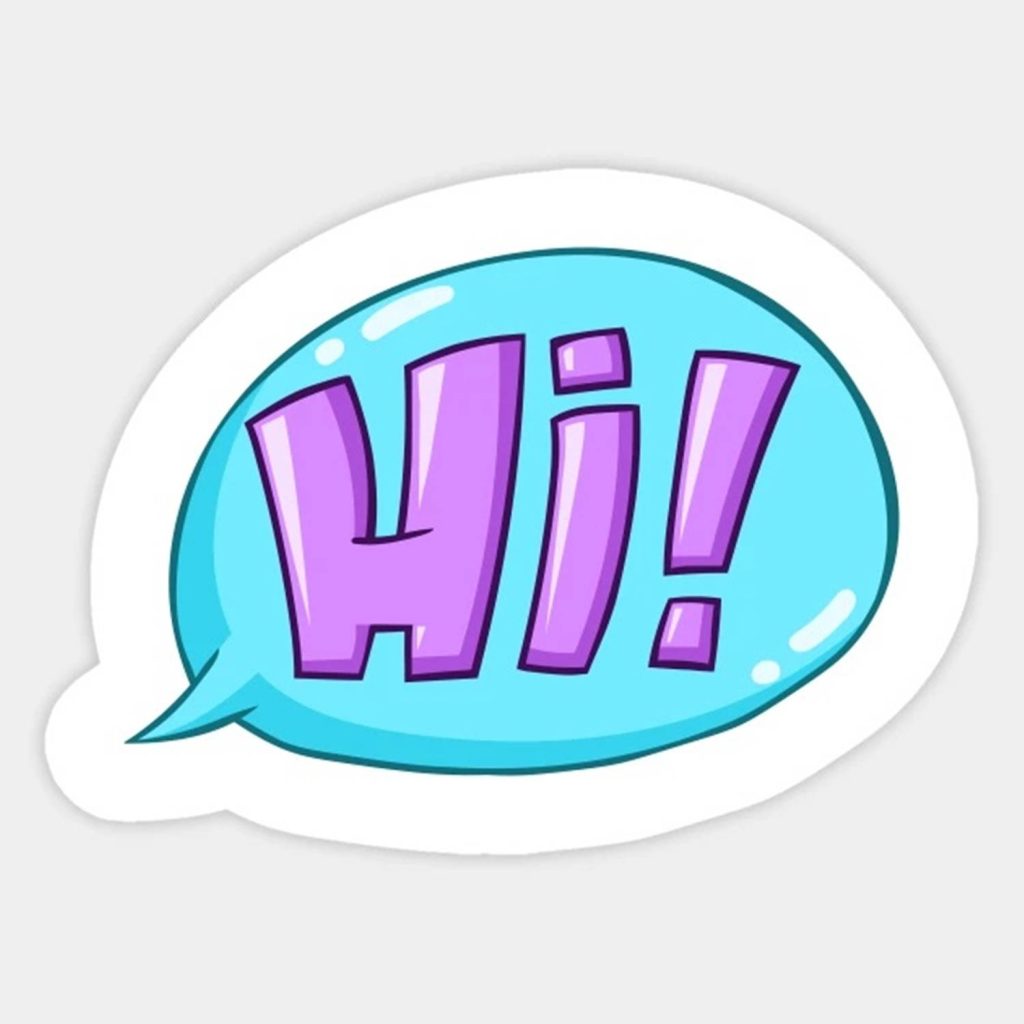 Cheerful cyan speech bubble with bold purple Hi text in sticker style wallpaper background