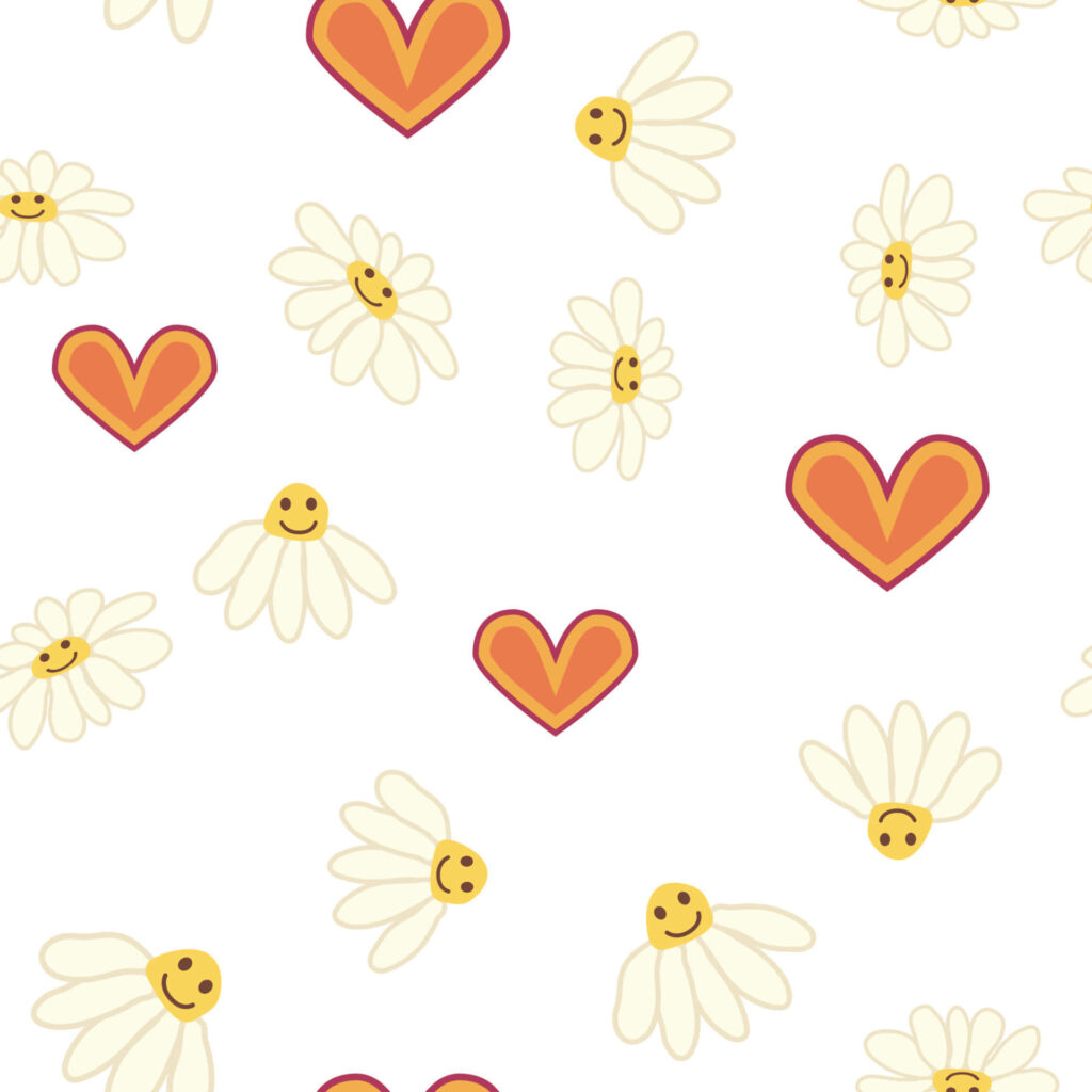 Cheerful Daisy Wallpaper: Playful Pattern with Smiling Faces & Hearts