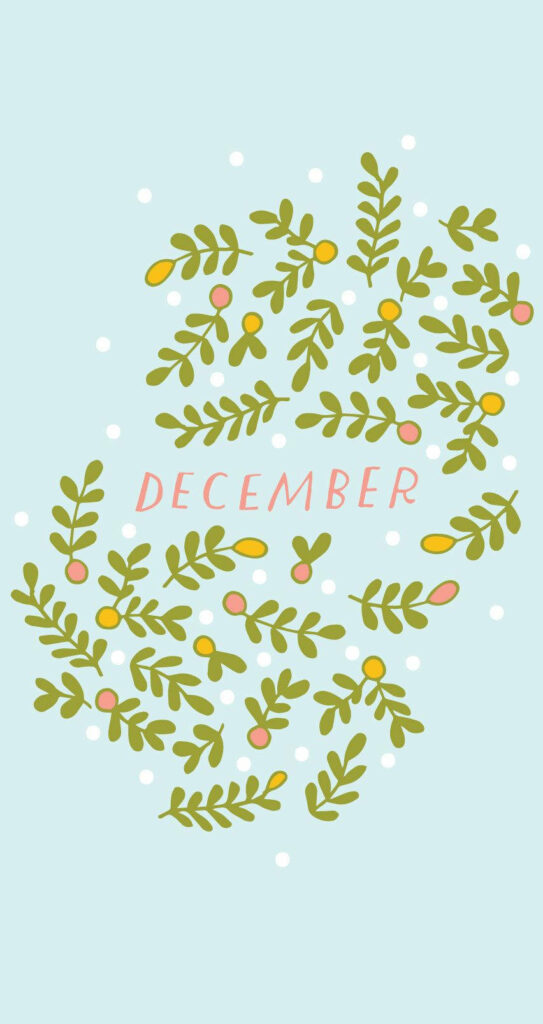 Whimsical hand-drawn mistletoe wallpaper with green branches yellow pink berries on blue background