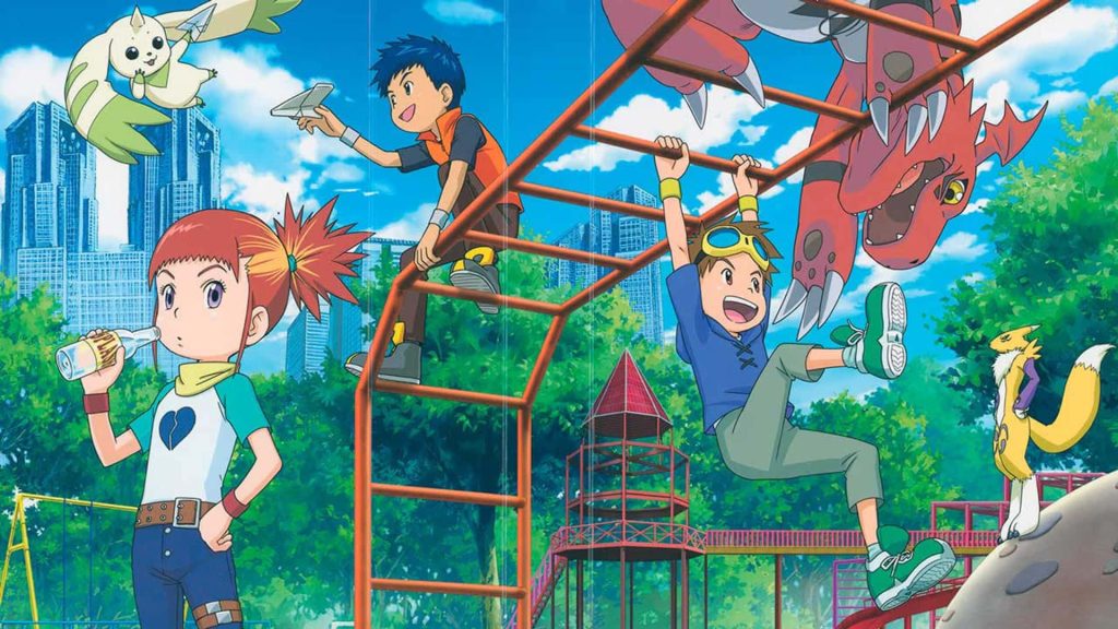 Digimon Tamers wallpaper Takato Ryo Jeri with Guilmon Renamon Terriermon in sunny playground