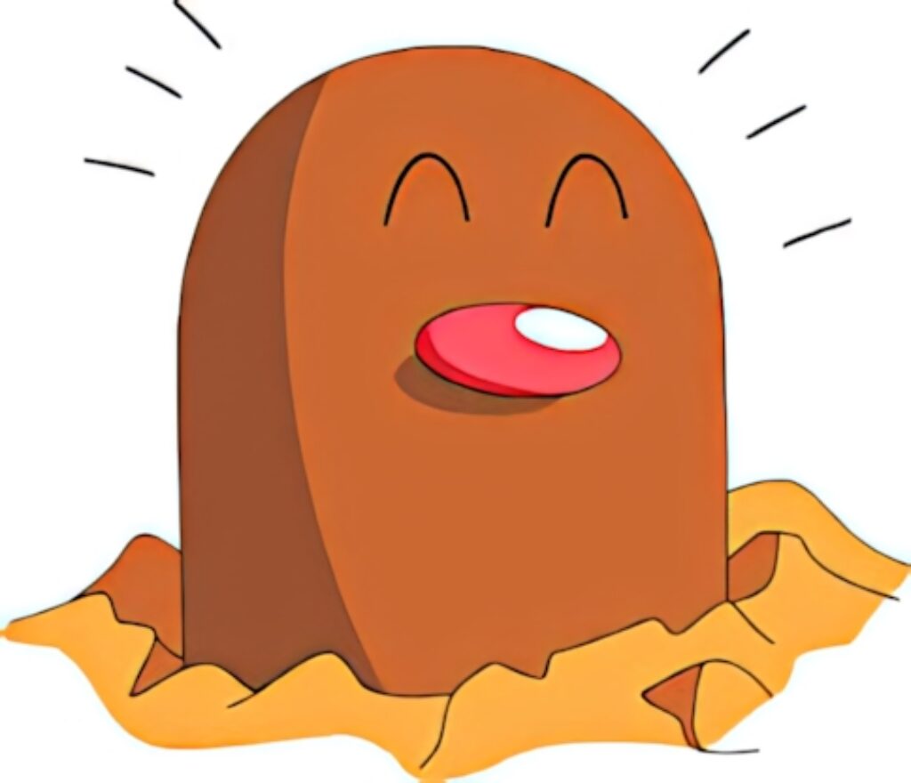Cheerful Diglett Pokemon popping from ground in vibrant warm brown cartoon wallpaper background