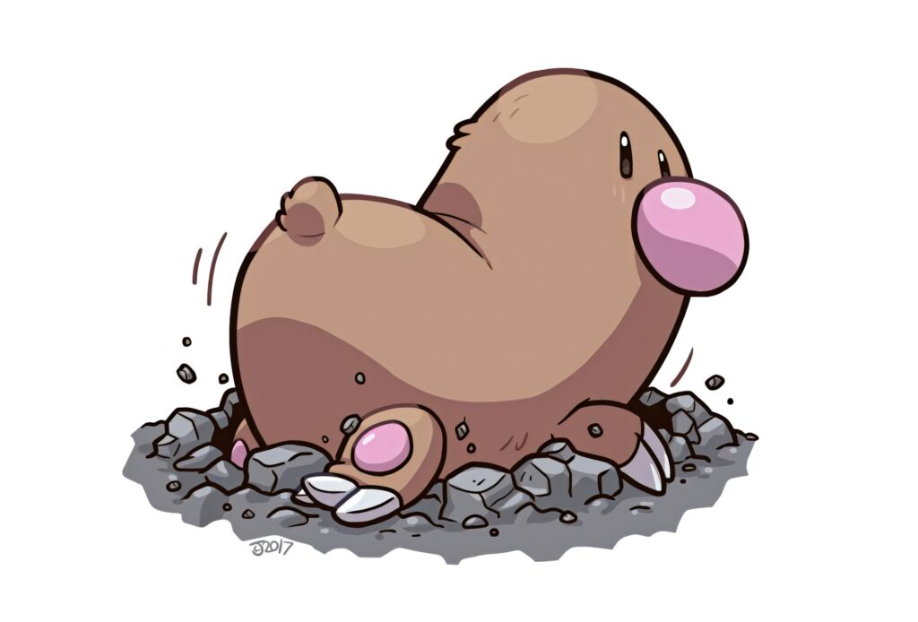 Playful Diglett Pokémon wiggling above rocks bright cartoon wallpaper pastel colors background