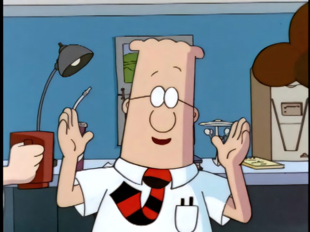 Cheerful Dilbert in classic office wearing white shirt red black striped tie round glasses cartoon Wallpaper