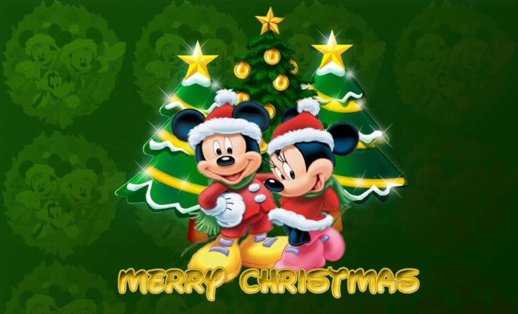 Cheerful Disney Christmas Wallpaper: Mickey & Minnie in Santa Outfits