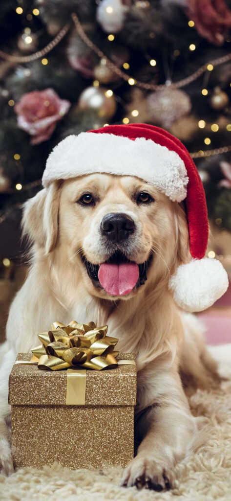 Cheerful Dog in Santa Hat with Gift Box - Festive Christmas Wallpaper