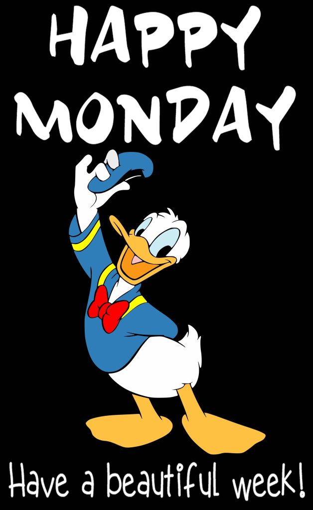 Donald Duck tipping hat cheerful Happy Monday wallpaper vibrant black background motivational text