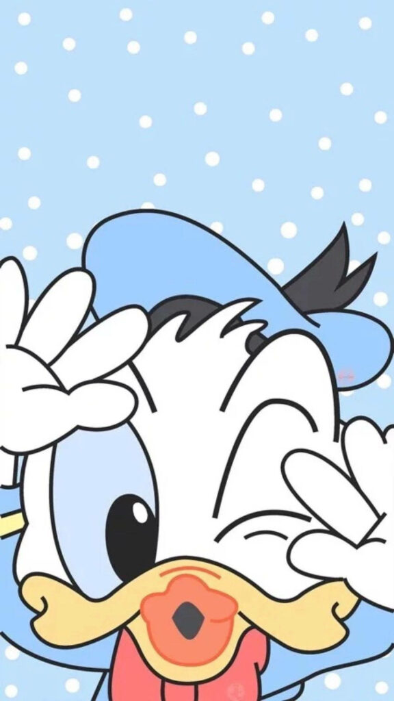 Donald Duck cheerful pose bright eyes playful expression on light blue polka dot wallpaper background