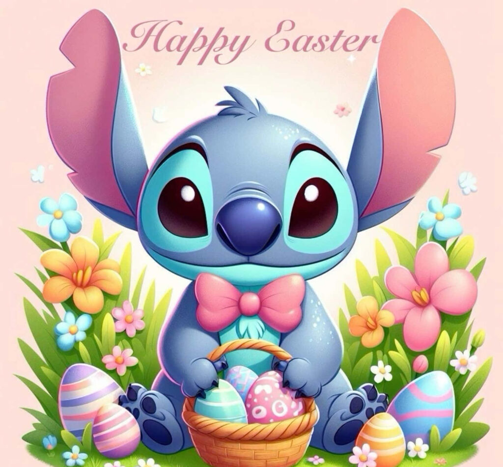 Happy Easter Wallpaper: Cute Blue Character with Colorful Eggs & Flowers