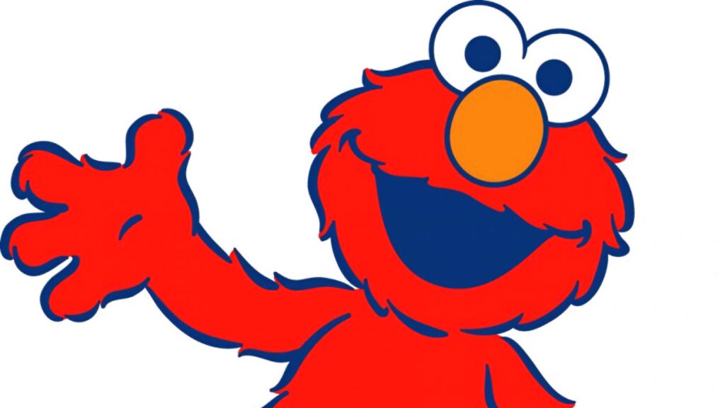 Elmo smiling with bright orange nose and blue eyes on white background cartoon wallpaper design