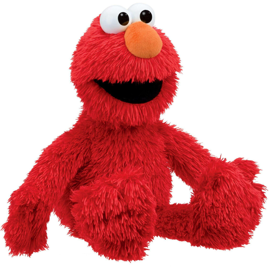 Elmo from Sesame Street smiling with bright orange nose and fluffy red fur wallpaper background