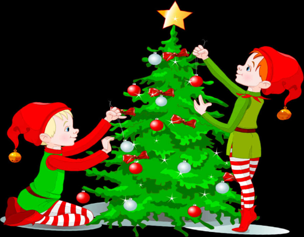 Cheerful Elves Decorating Vibrant Christmas Tree - Festive Wallpaper