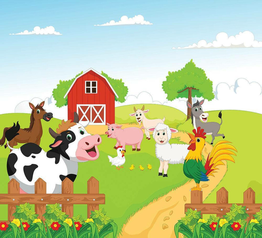 Cheerful Animated Farm Scene Wallpaper with Colorful Animals