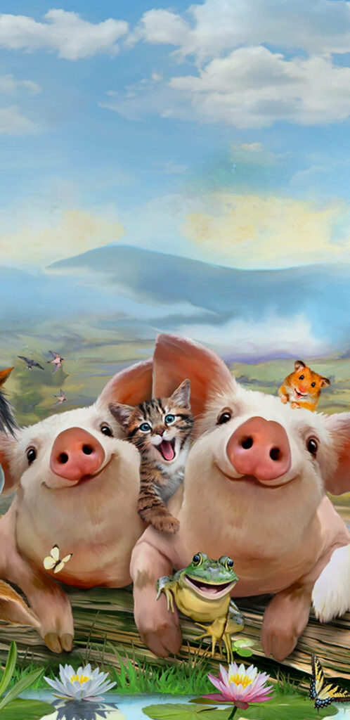 Charming Farm Scene Wallpaper: Joyful Pigs & Playful Cat Background