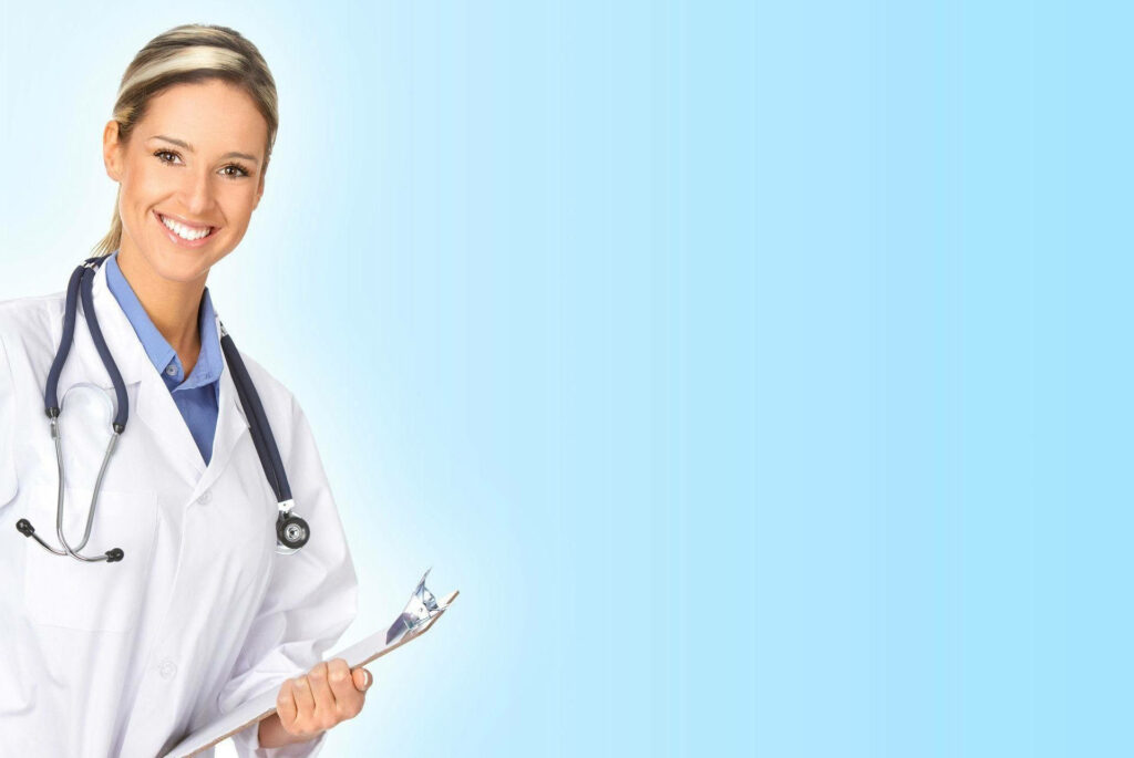 Smiling female doctor in white coat holding clipboard healthcare professional blue background wallpaper