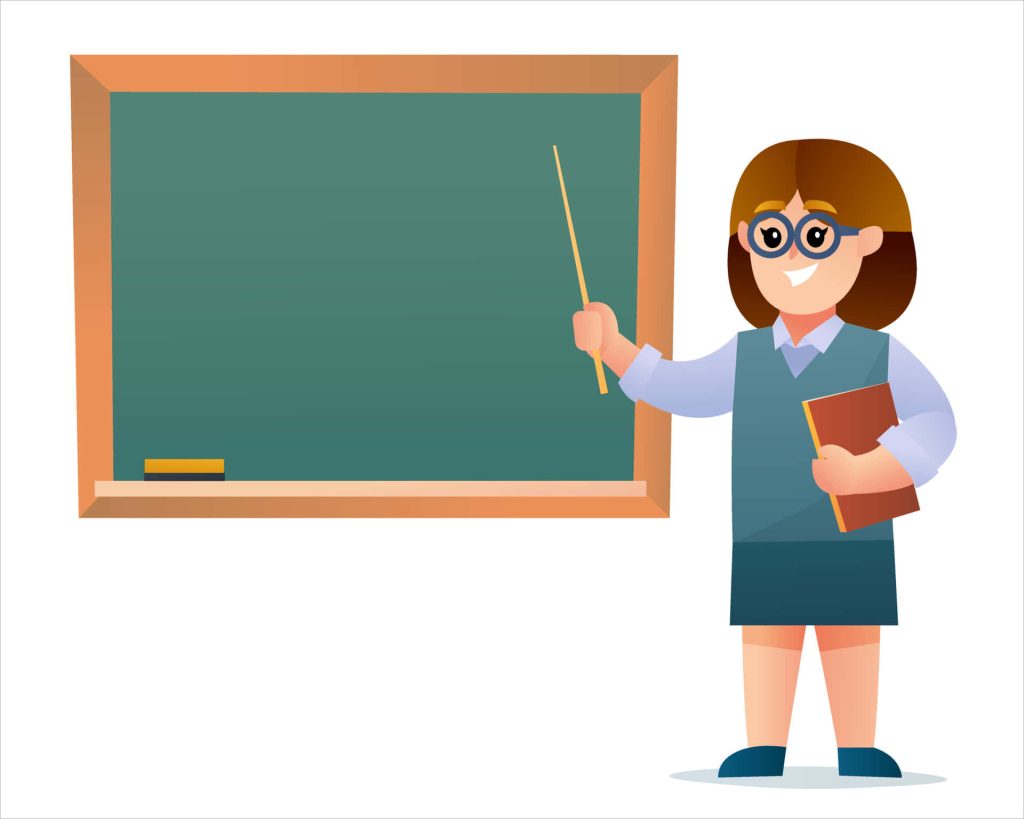 Cheerful female teacher with blue glasses holding pointer and book by green chalkboard vector Wallpaper