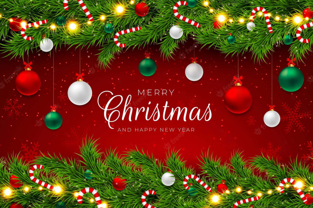Vibrant Red Holiday Wallpaper with Pine and Colorful Decorations