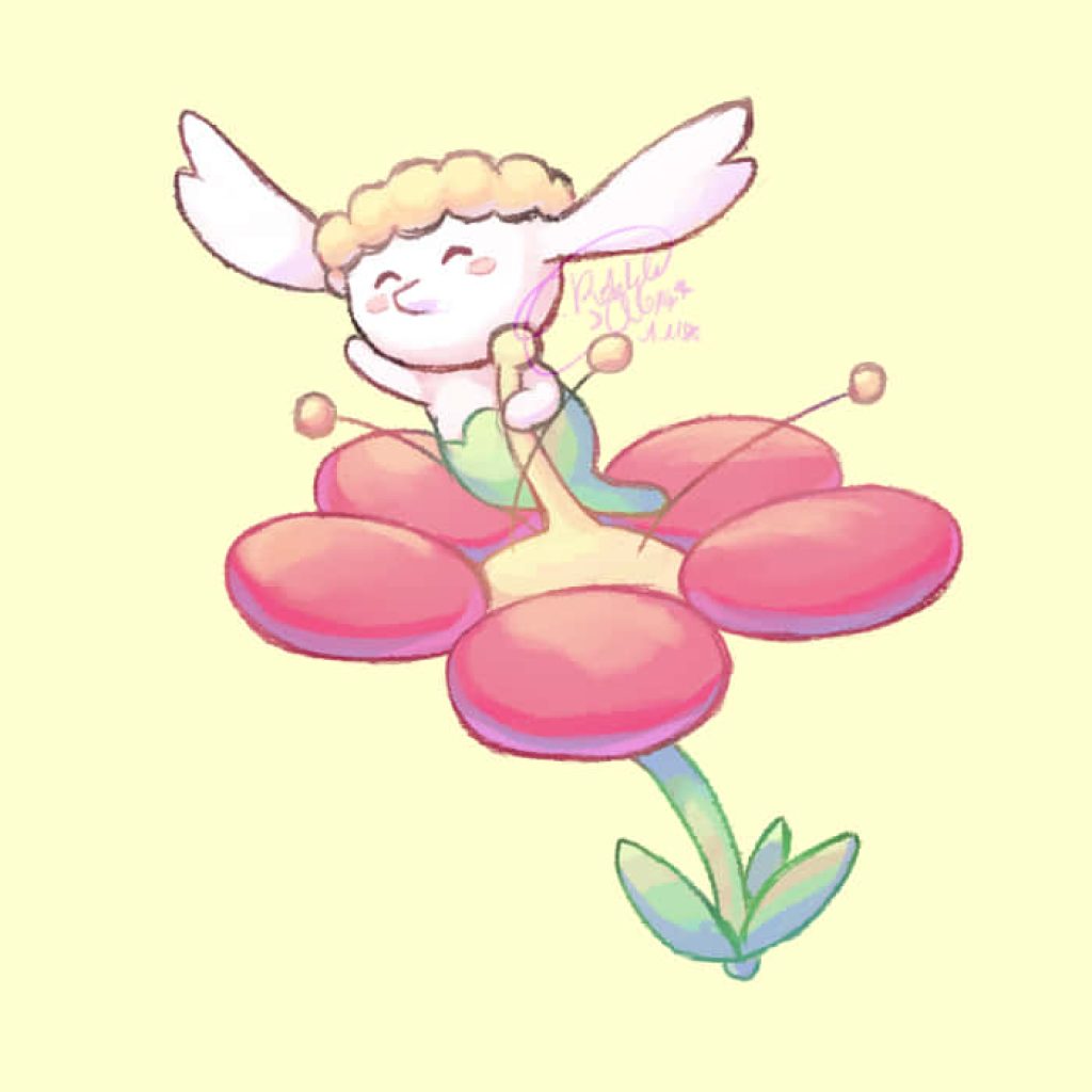 Flabébé Pokémon waving on red flower pastel digital art soft yellow whimsical wallpaper background