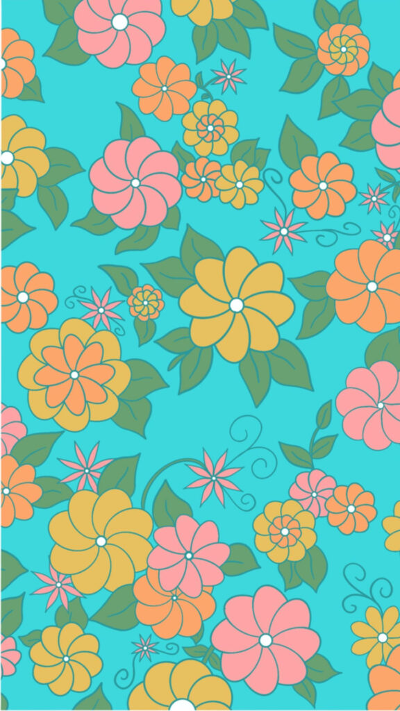 Cheerful Floral Phone Wallpaper: Bright Yellow & Pink on Turquoise