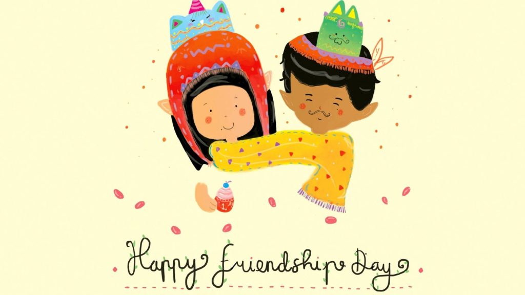Cute cartoon friends dancing with cupcake and yellow scarf Friendship Day wallpaper background