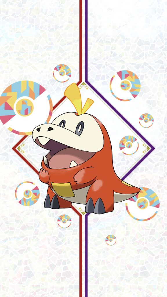 Cute Fuecoco Fire type Pokemon digital art with mosaic Pokeballs bright white background wallpaper