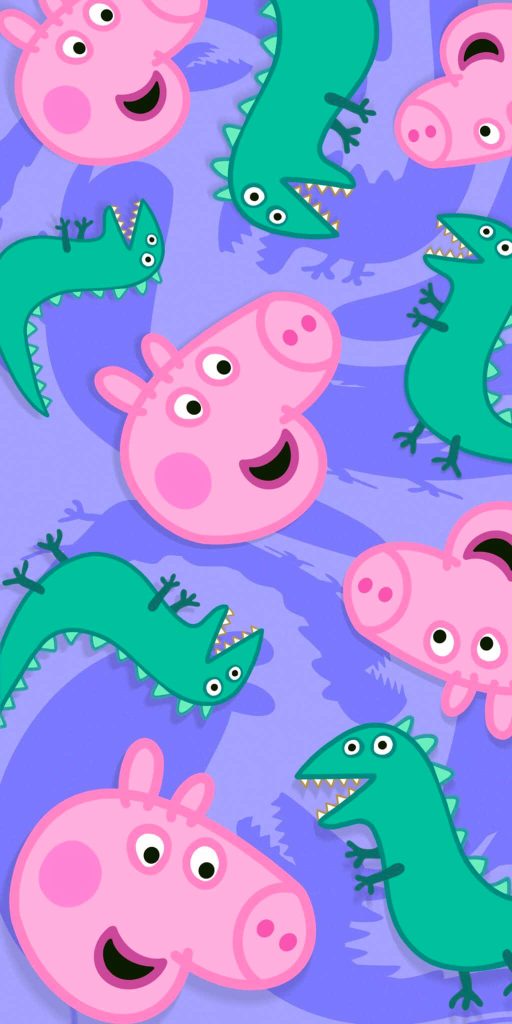 Cheerful George Pig wallpaper with green dinosaur on vibrant purple background repeating pattern