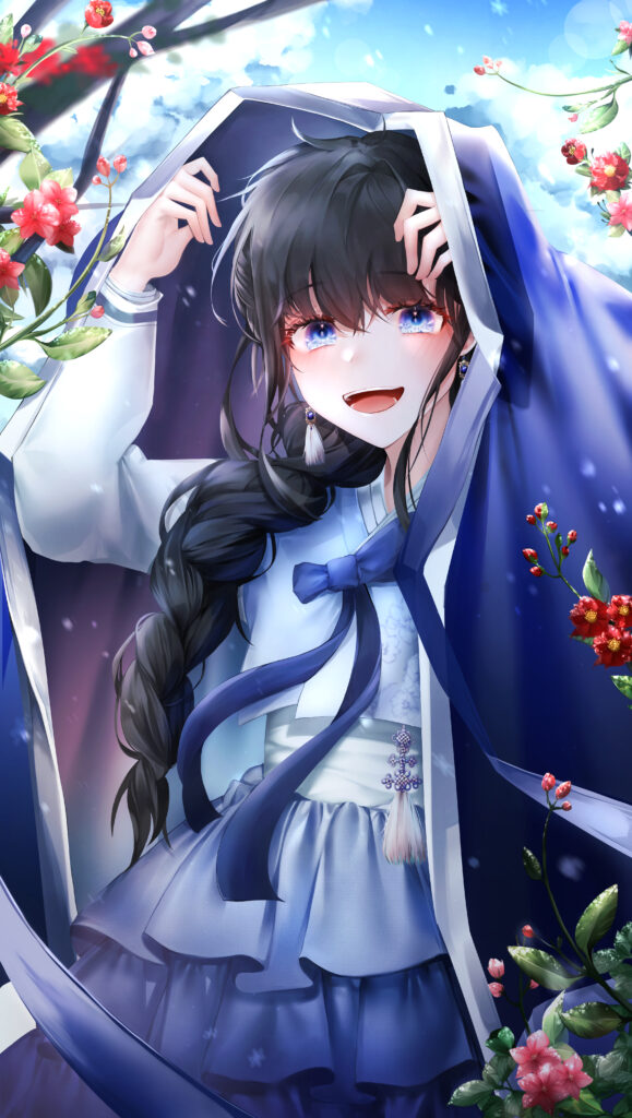 Cheerful Anime Girl in Stylish Outfit Amid Colorful Flowers Wallpaper