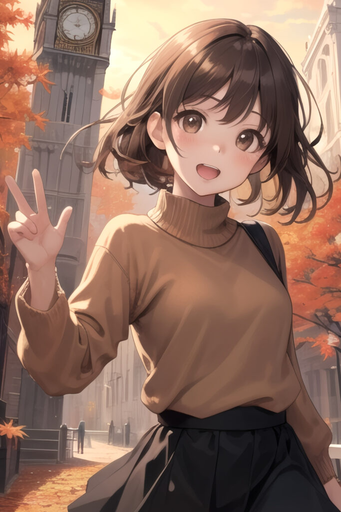 Cheerful Girl Peace Gesture Wallpaper with Autumn Clock Tower