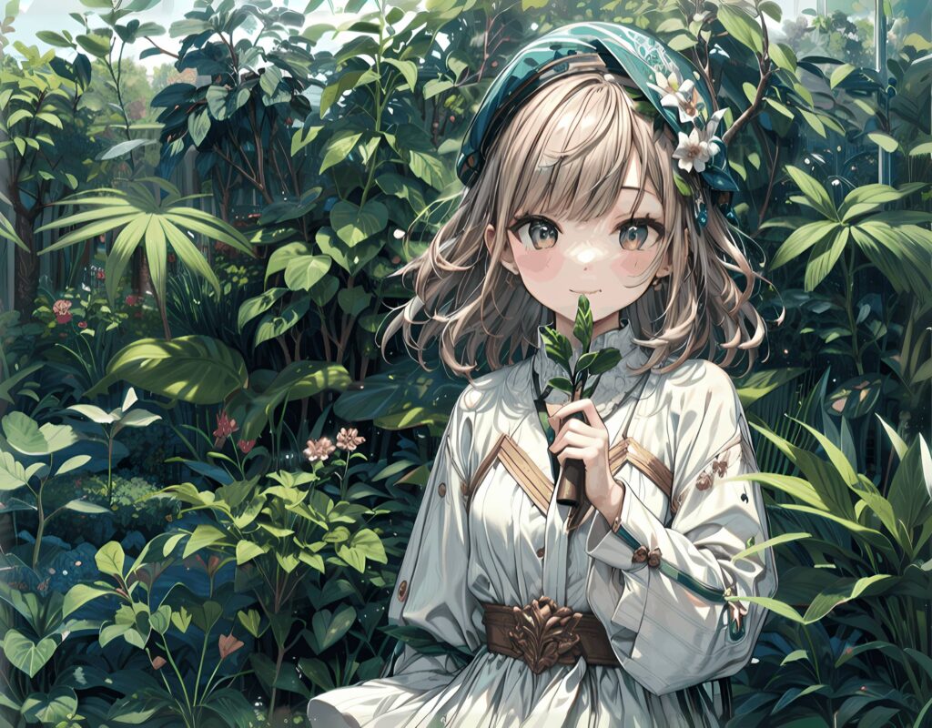 Cheerful Anime Girl in Greenery: Peaceful Nature Wallpaper