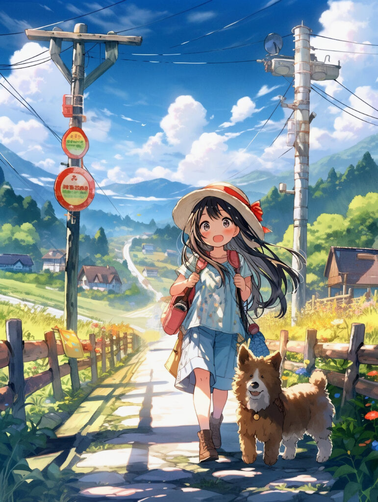 Cheerful Girl & Dog: Vibrant Anime Wallpaper Adventure Background