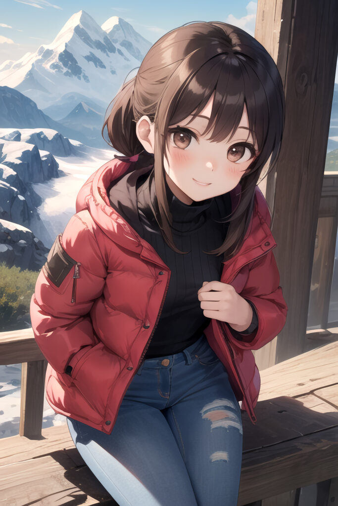 Cheerful Girl in Red Jacket: Serene Mountain Landscape Wallpaper