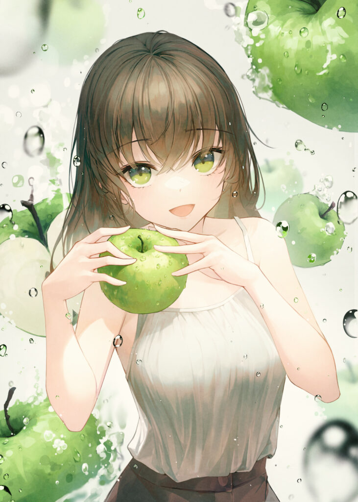 Cheerful Girl with Apples - Whimsical Anime Wallpaper Background
