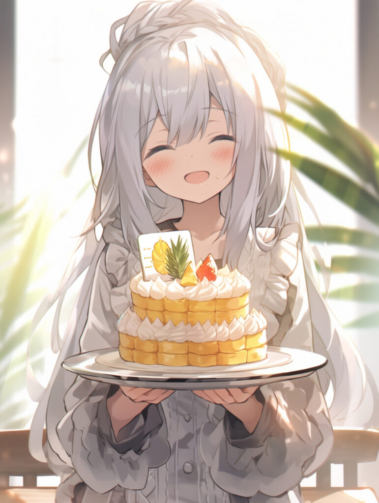 Cheerful Anime Girl with Cake Wallpaper - Warm Background Atmosphere