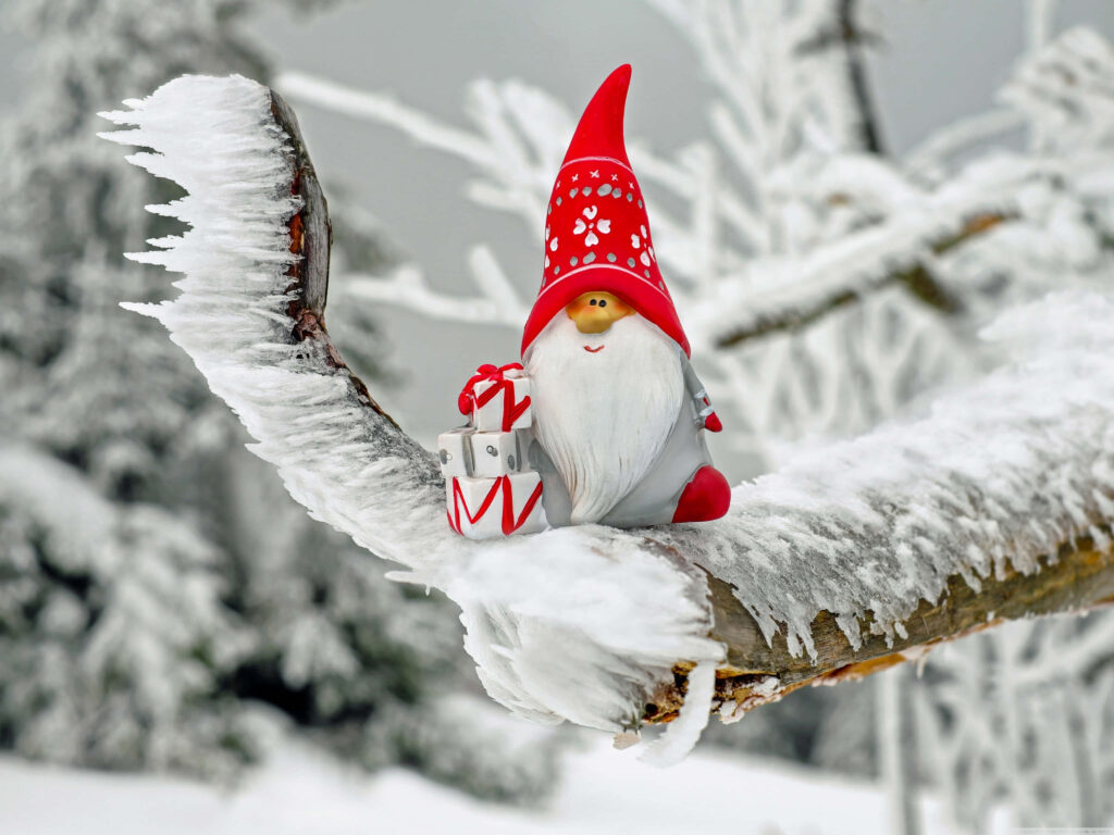 Cheerful Gnome Wallpaper: Cozy Winter Scene with Snowy Branch