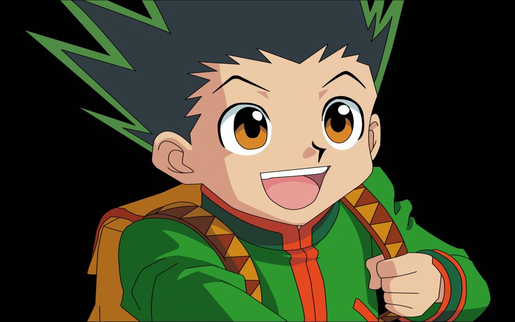 Smiling Gon Freecss Hunter x Hunter wallpaper vibrant anime green jacket brown backpack black bg