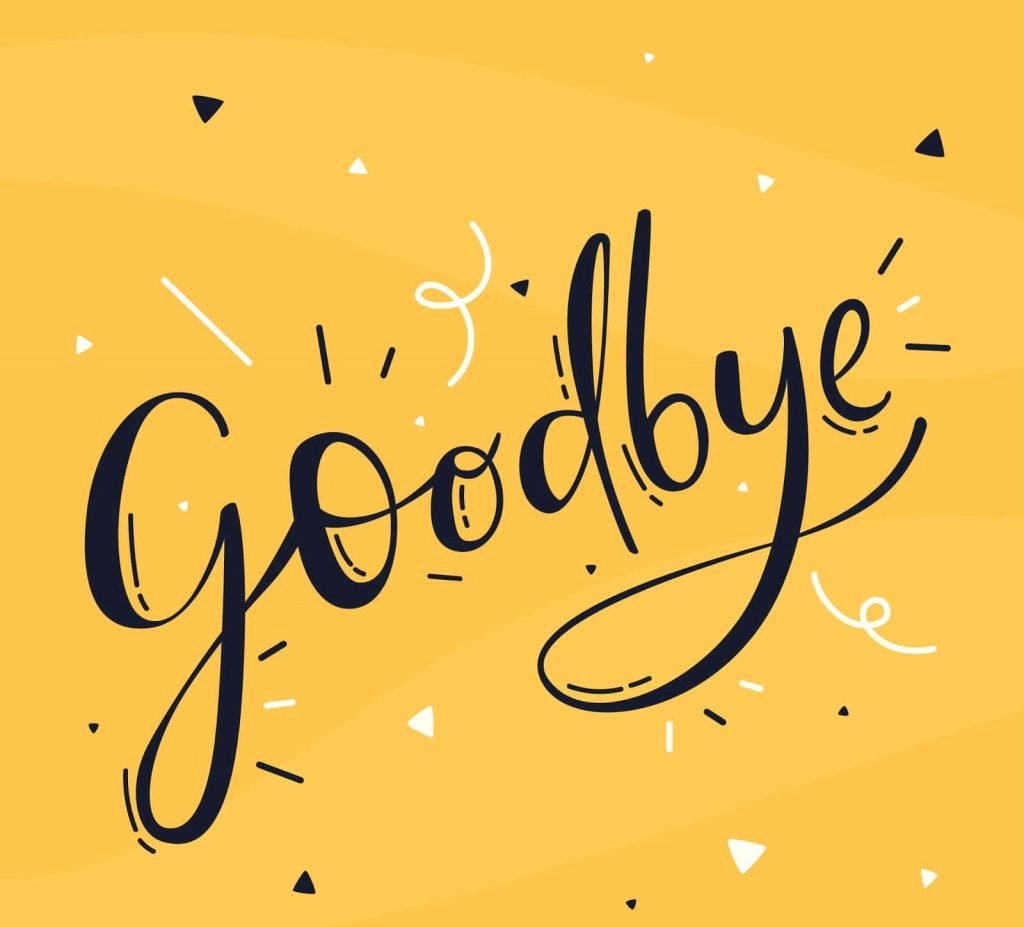 Cheerful Goodbye wallpaper with bold dark script on vibrant yellow background with confetti doodles