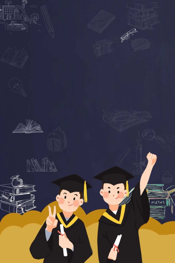 Two happy graduates in caps and gowns holding diplomas on dark blue school doodle background Wallpaper