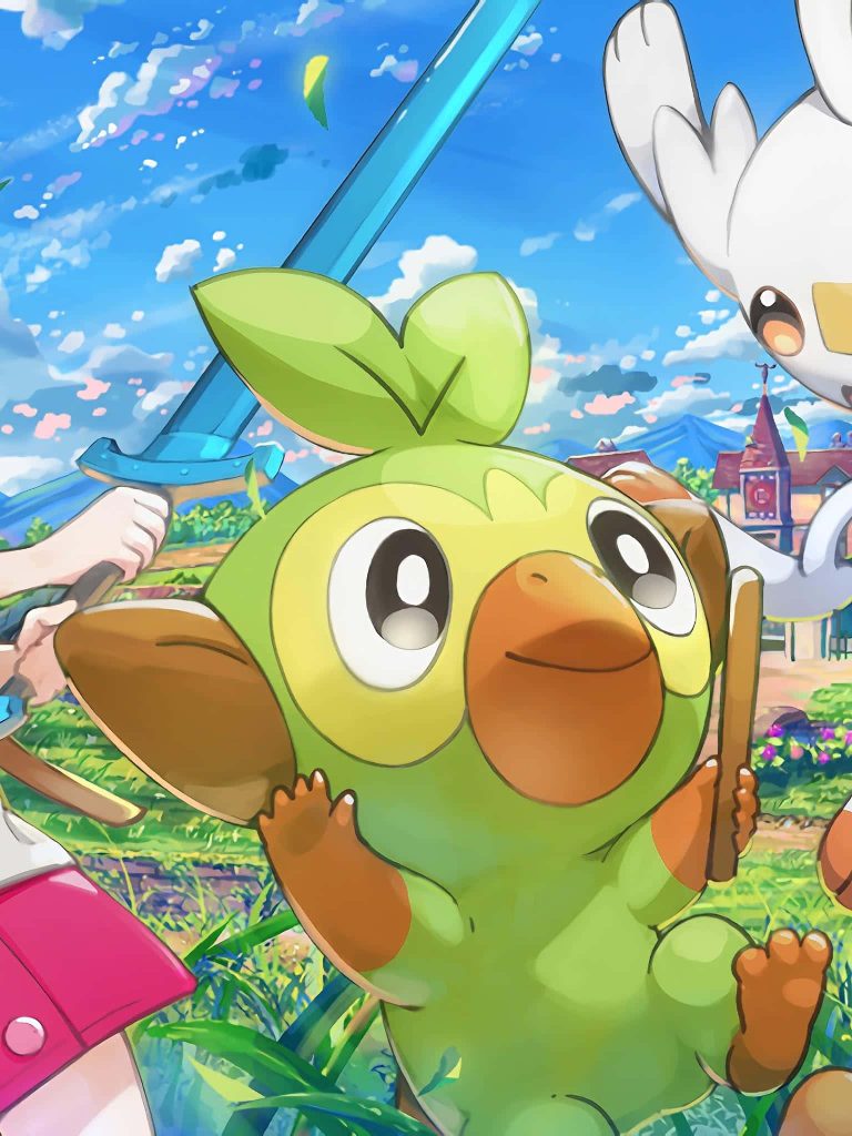 Grookey and Sirfetchd Pokémon anime wallpaper in sunny grassy field with village background