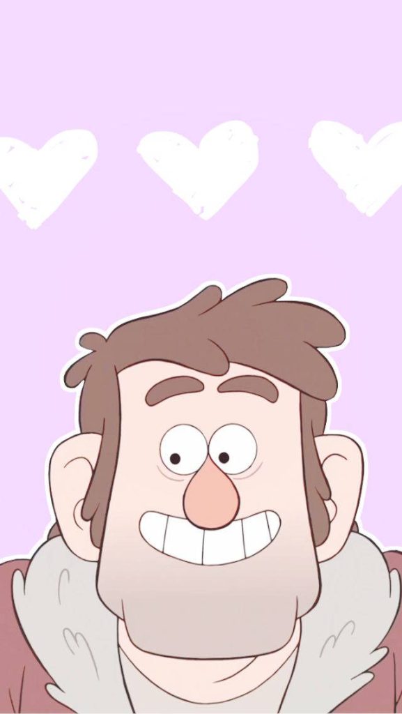Cheerful Grunkle Stan cartoon wallpaper with brown jacket fluffy collar on pink heart background