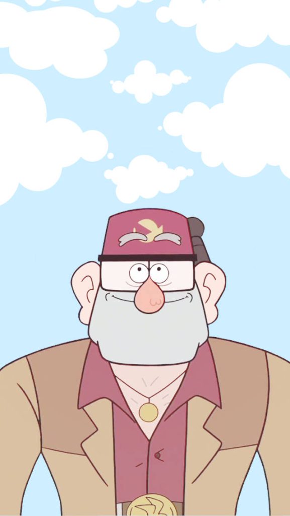Cheerful Grunkle Stan wallpaper Gravity Falls maroon fez tan jacket blue sky clouds background