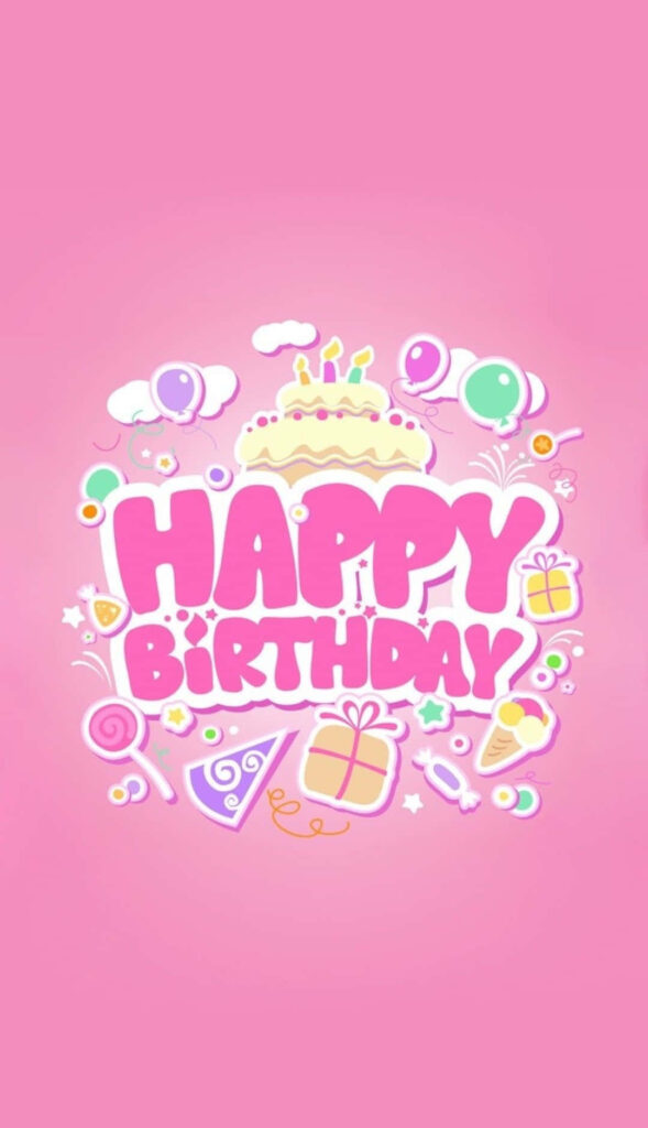 Festive Pink Birthday Wallpaper: Cheerful Cake, Balloons & Gifts