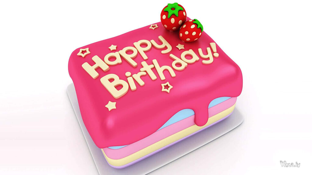 Colorful Happy Birthday Wallpaper with Cake & Strawberries Background