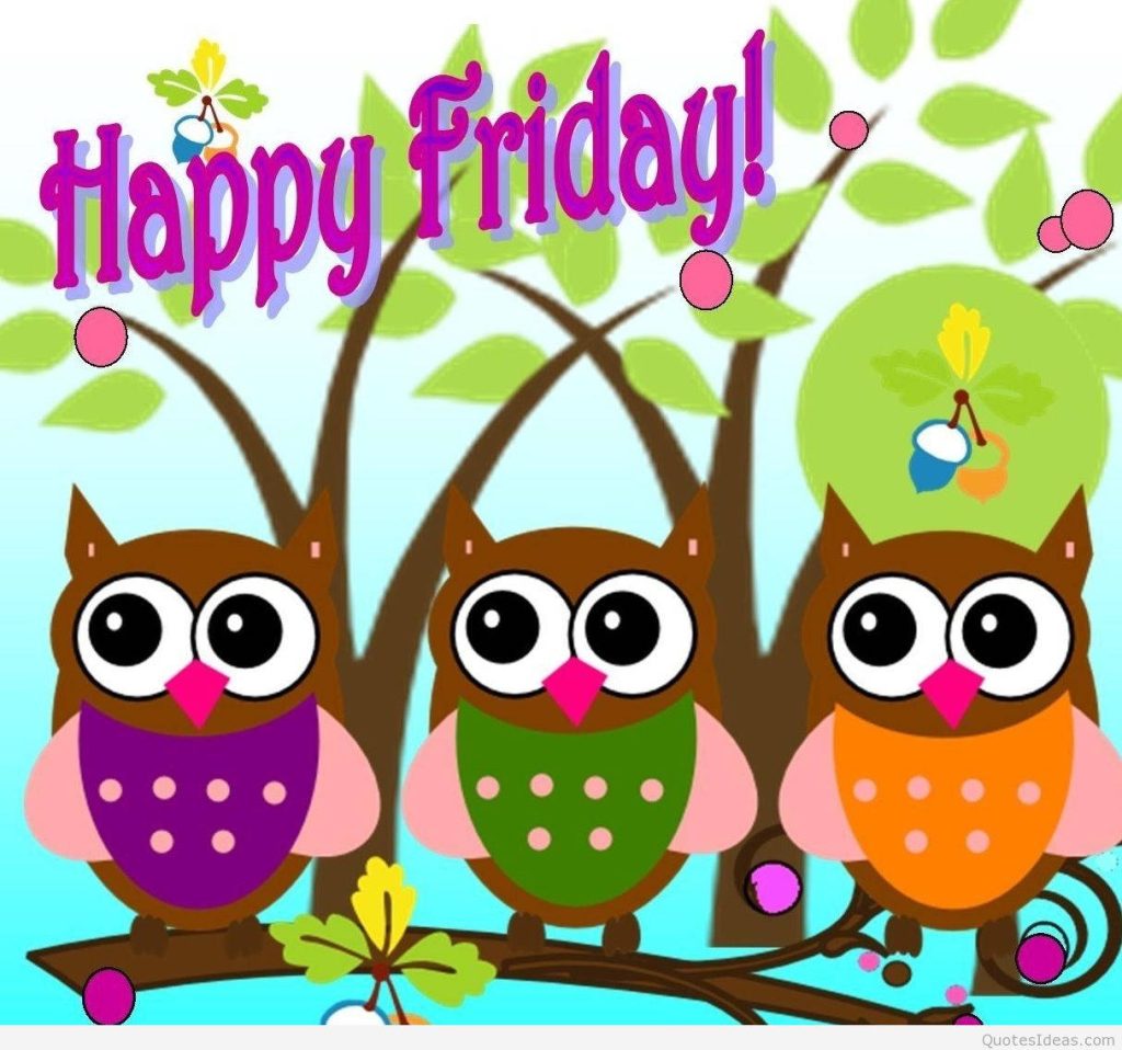 Cheerful Happy Friday wallpaper with three cute cartoon owls on branches bright blue background