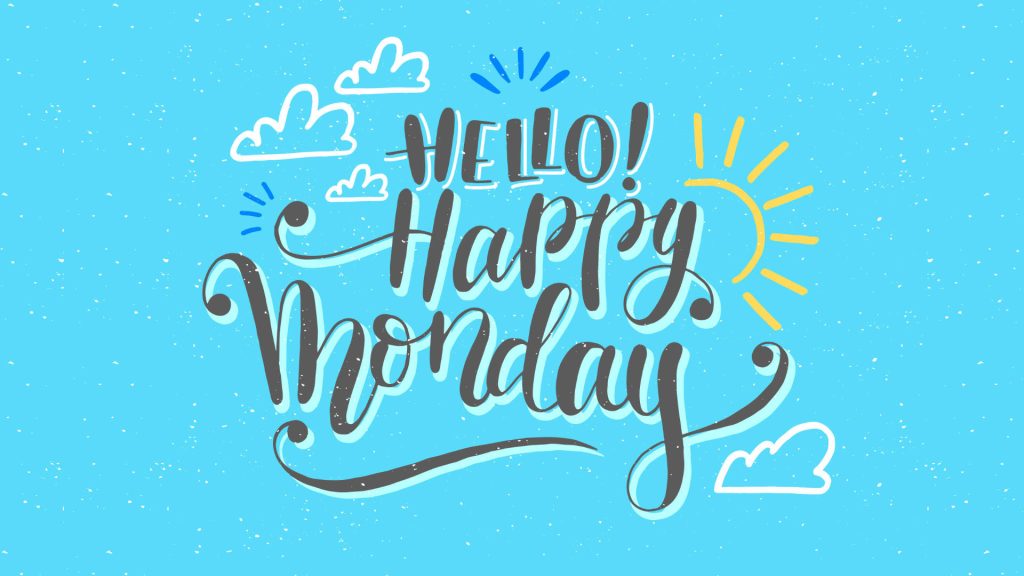 Happy Monday wallpaper with cheerful typography sun and cloud doodles on blue background