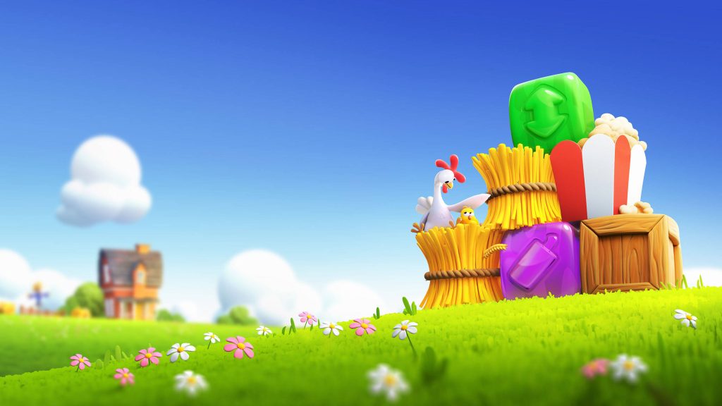 Cheerful Hay Day Pop wallpaper with cute hen chick on hay bales colorful farm blocks background